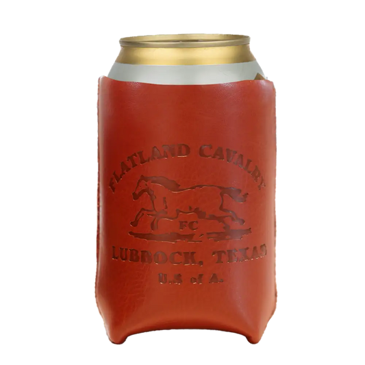Red leather can cooler with embossed horse design and text.