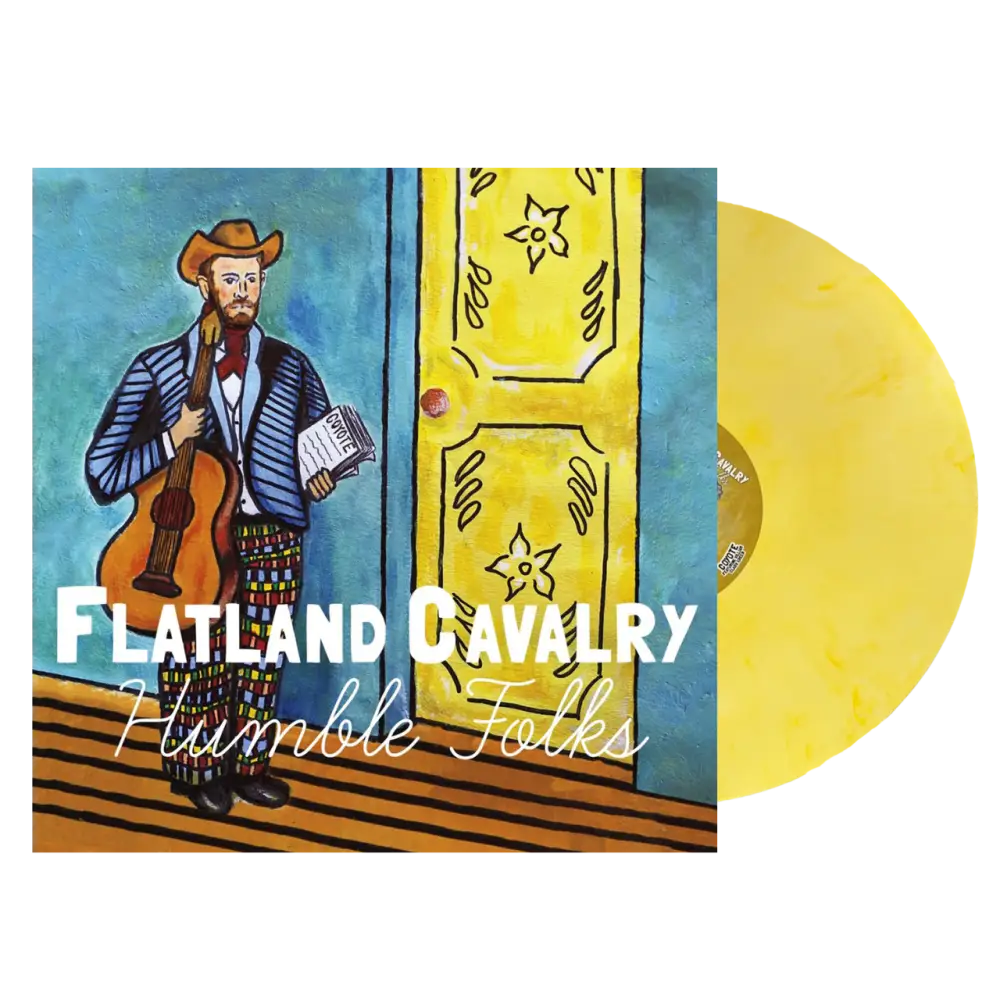 Yellow vinyl record album with colorful cover art featuring a cowboy musician.