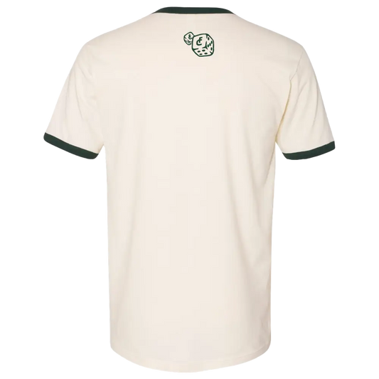 Cream-colored t-shirt with dark trim and a small cartoon elephant logo.
