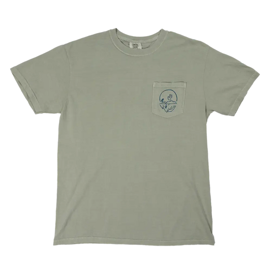 Light green t-shirt with a small pocket featuring a circular design.