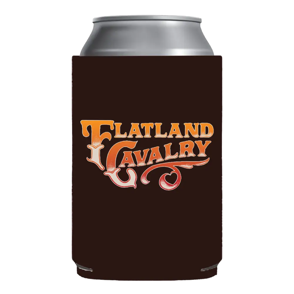 Brown can cooler with ’flatland cavalry’ logo in orange and red script.