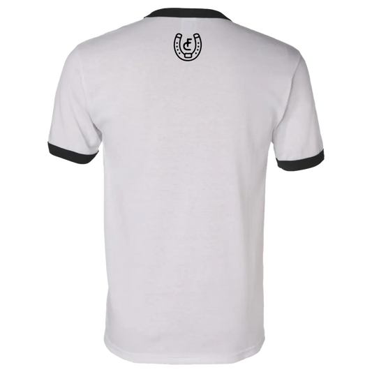 White t-shirt with black trim and a horseshoe logo on the back.