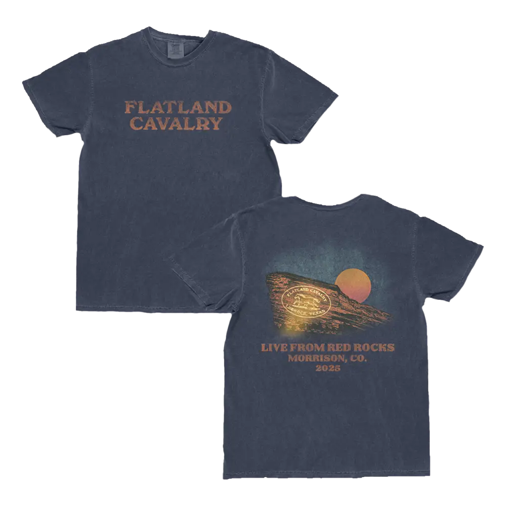 Dark blue cotton t-shirt featuring ’flatland cavalry’ in faded orange lettering on the front and a sunset over red rocks with event details printed on the back.
