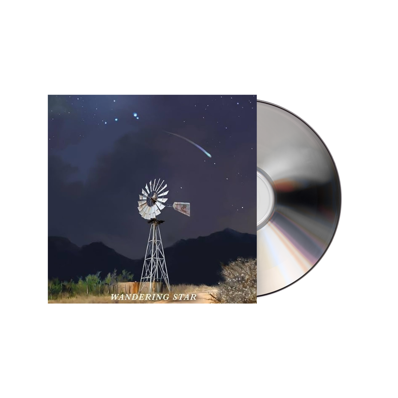 CD album cover featuring a windmill under a starry night sky with a comet.