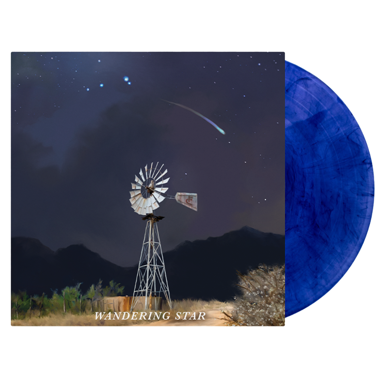 Vinyl record album with a blue marbled disc and cover art depicting a windmill under a starry night sky.