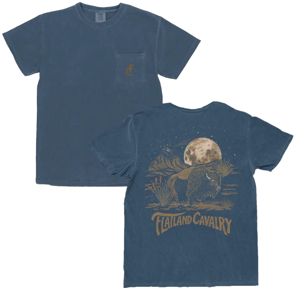 Blue short-sleeved t-shirt with a pocket featuring a small lizard graphic and the back displaying an illustrated bison under a full moon, printed in earthy tones.