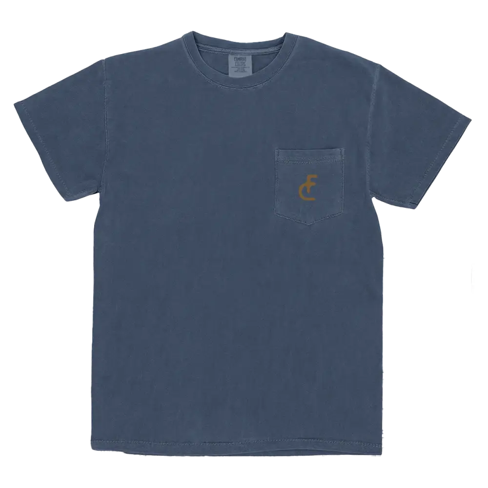 A navy blue short-sleeved t-shirt with a chest pocket featuring an embroidered gold logo.