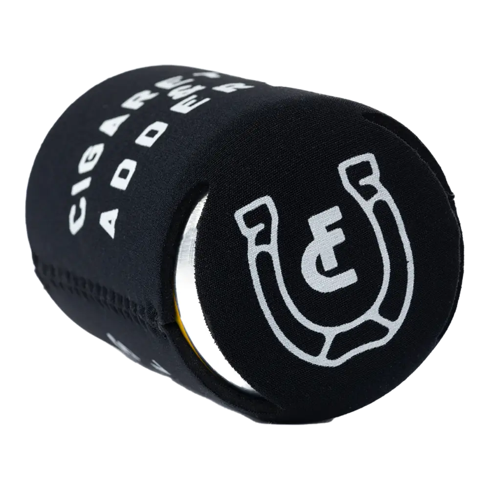 Black foam drink cooler with white text and a horseshoe logo.