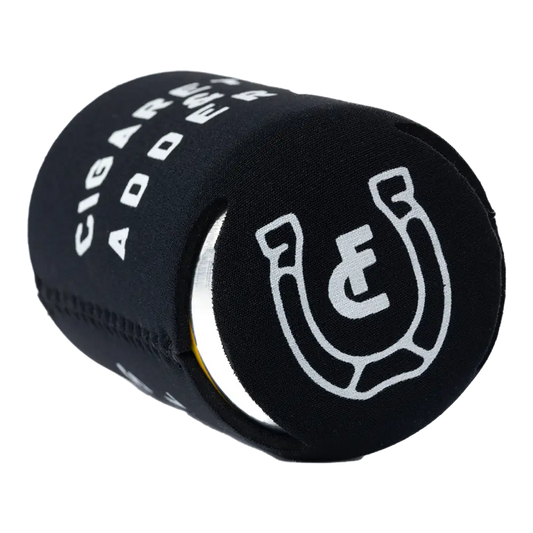 Black foam drink cooler with white text and a horseshoe logo.