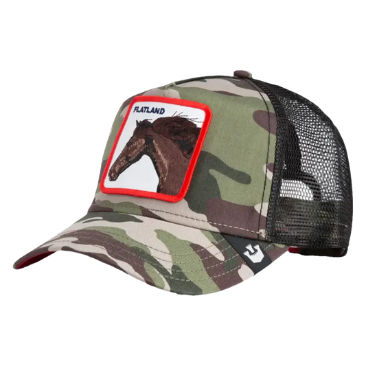 Camo trucker hat with horse patch.