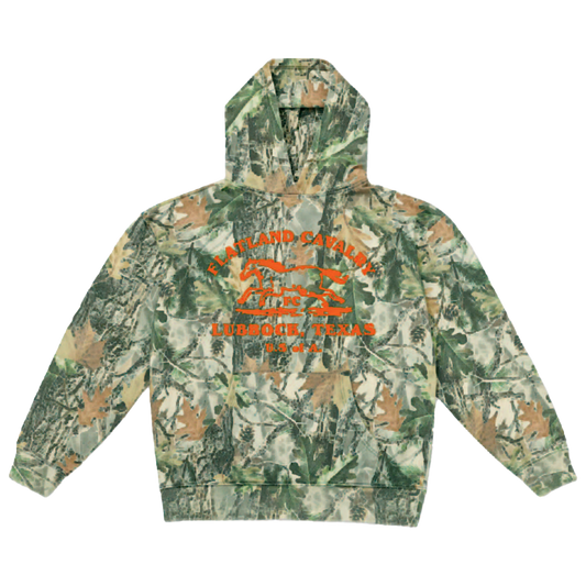 Camo hoodie with camouflage pattern and orange flatland cavalry merch text from the official flatland cavalry store