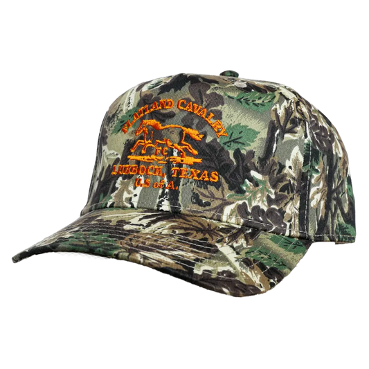Camouflage baseball cap with embroidered text on a white background
