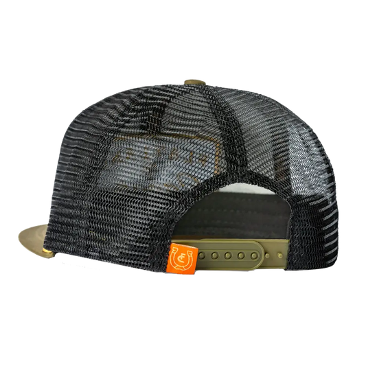 Trucker-style baseball cap with a mesh back and olive green front panel.