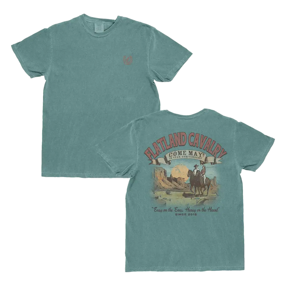 Teal t-shirt with cowboy graphic.
