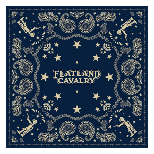 Ornate bandana or kerchief design featuring ’Flatland Cavalry’ text surrounded by stars and paisley patterns.