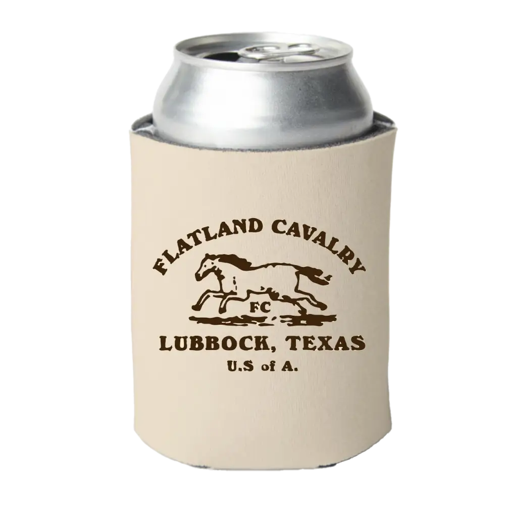 Beige foam drink cooler sleeve with ’Flatland Cavalry Lubbock, Texas’ and a horse logo printed on it.