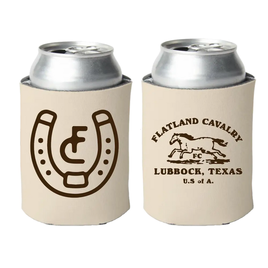 Pair of beige foam can coolers with different printed designs.