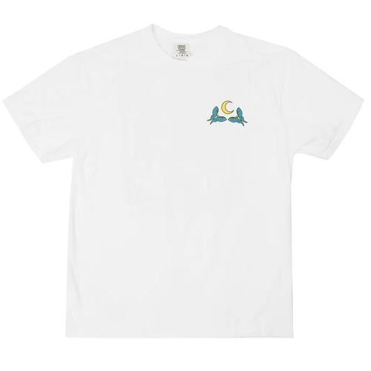 White t-shirt with a small colorful logo on the chest.