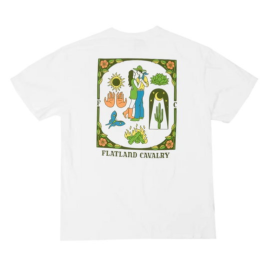 White t-shirt with a colorful nature-themed graphic design on the back.