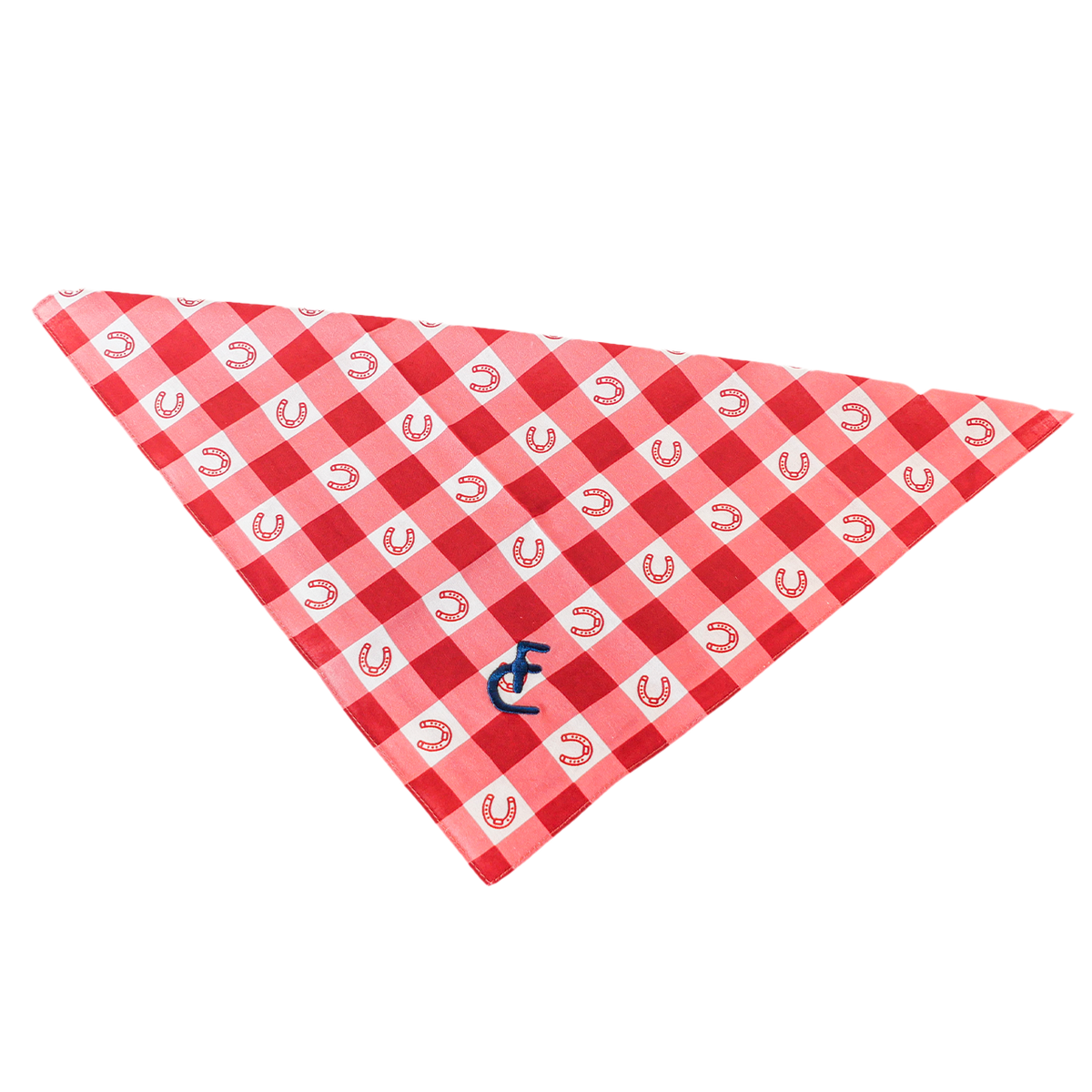 Red and white gingham dog bandana with small horseshoe patterns from flatland cavalry merch