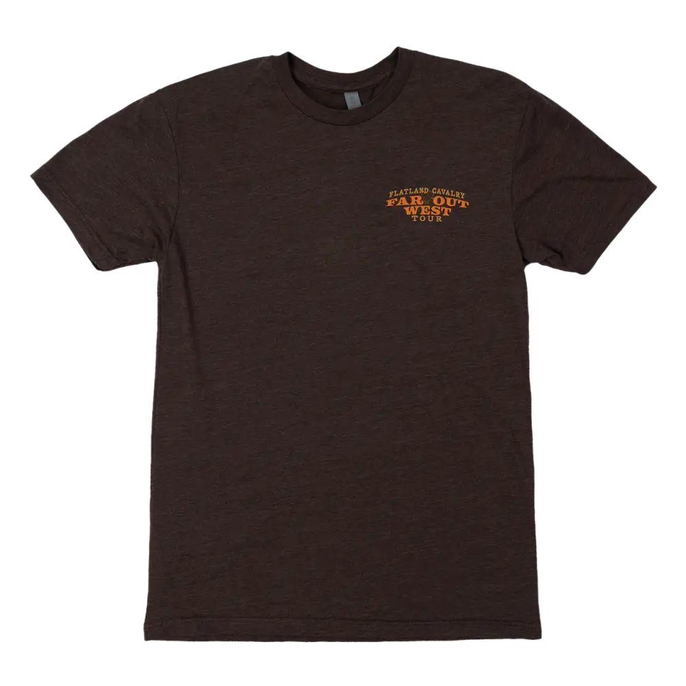 Brown t-shirt with a small colorful logo on the chest.