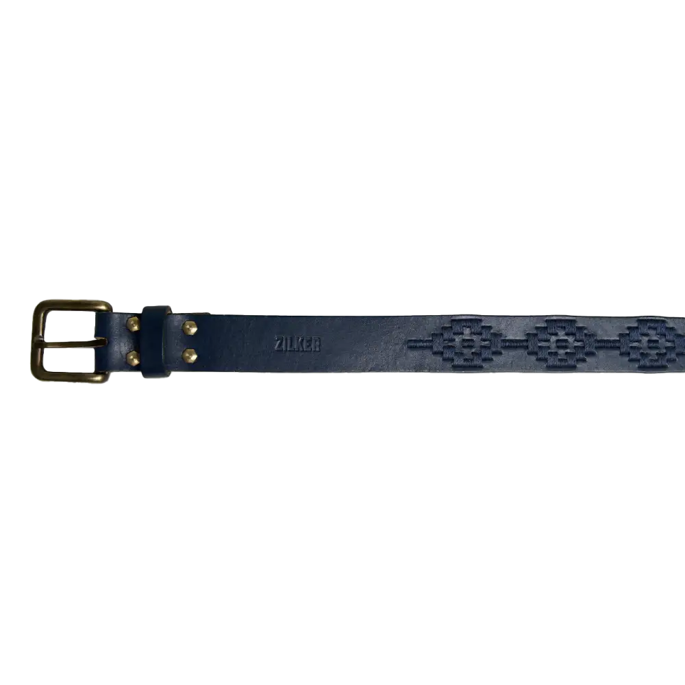 Blue leather belt with brass buckle.