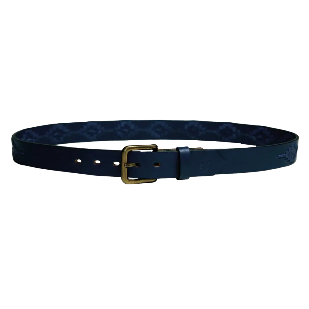 Dark blue leather belt with brass buckle.
