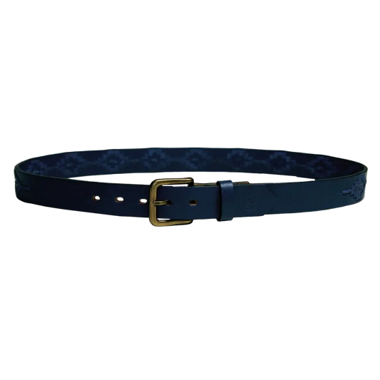 Dark blue leather belt with brass buckle.