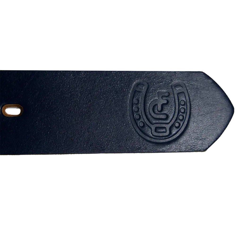 Dark blue leather belt end with horseshoe logo.