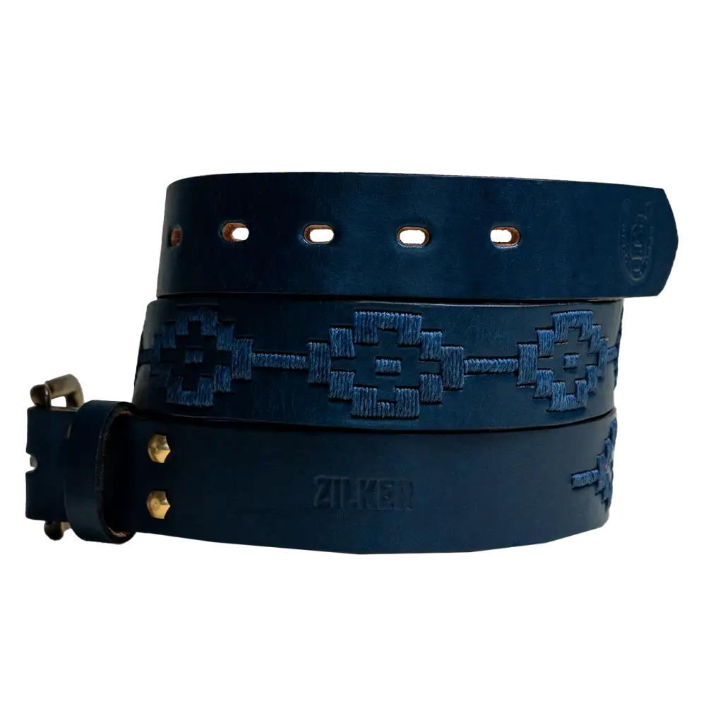 Blue leather belt with stitched pattern.