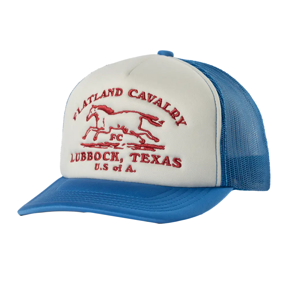 Blue and white trucker hat.