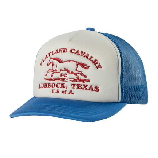 Blue and white trucker hat.