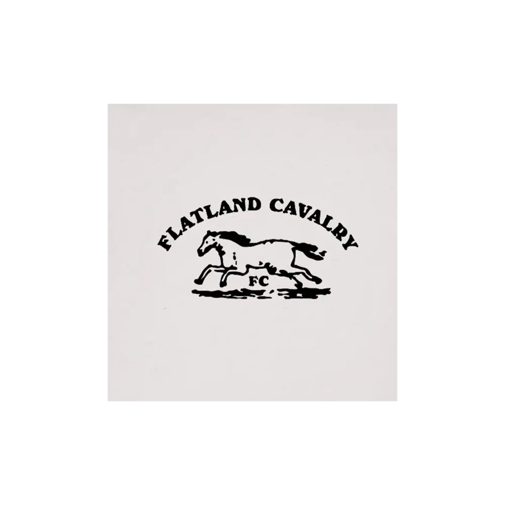 Black ink logo featuring a running horse with the text ’flatland cavalry fc’ arched above it.