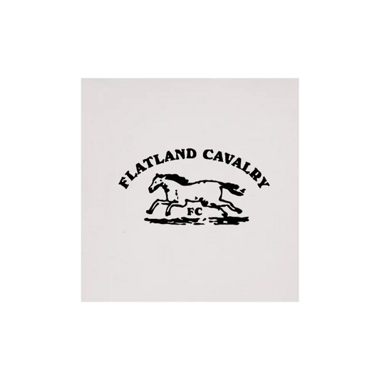 Black ink logo featuring a running horse with the text ’flatland cavalry fc’ arched above it.
