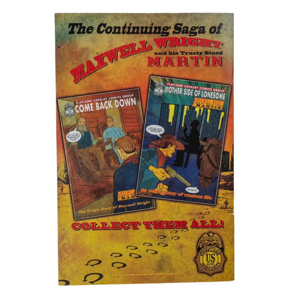 Promotional poster for ’The Continuing Saga of Maxwell Wagon Martin’ comic book series featuring two comic book covers.