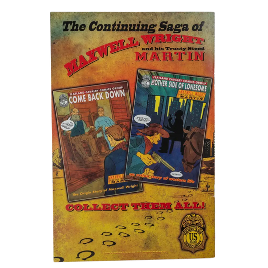 Promotional poster for ’The Continuing Saga of Maxwell Wagon Martin’ comic book series featuring two comic book covers.