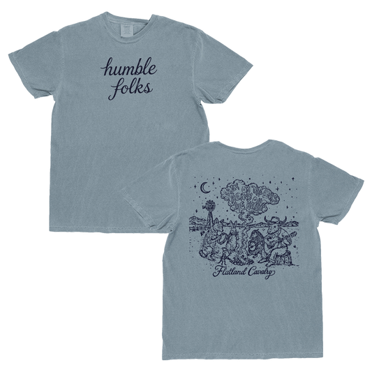 Light blue cotton humble folks campfire tee with black script and detailed flatland cavalry animal band illustration