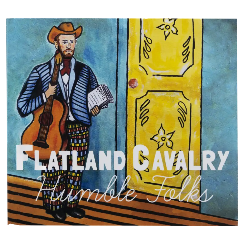 Album cover artwork featuring a stylized painting of a cowboy musician holding a guitar and sheet music.