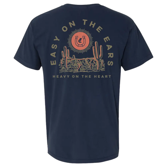 Navy blue t-shirt with a desert-themed graphic design on the back.