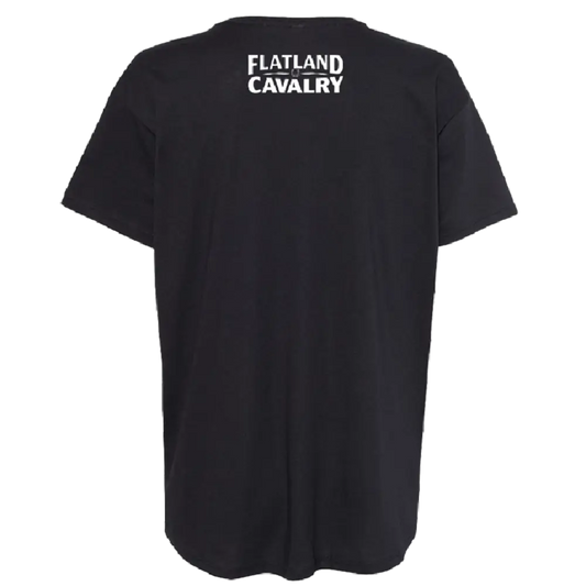 Black t-shirt with ’FLATLAND CAVALRY’ printed on the back.