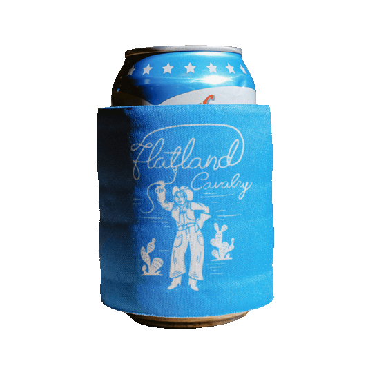 Blue cotton lasso slap slap wrap koozie with white embroidered cowboy cacti design and flatland cavalry text