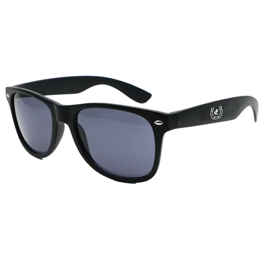 Black wayfarer-style sunglasses with dark lenses and a small logo on the temple.
