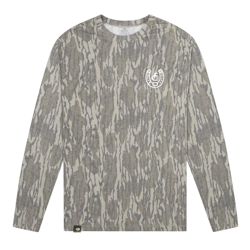 A long-sleeved crewneck sweatshirt in a muted camouflage pattern with a white horseshoe logo on the chest.