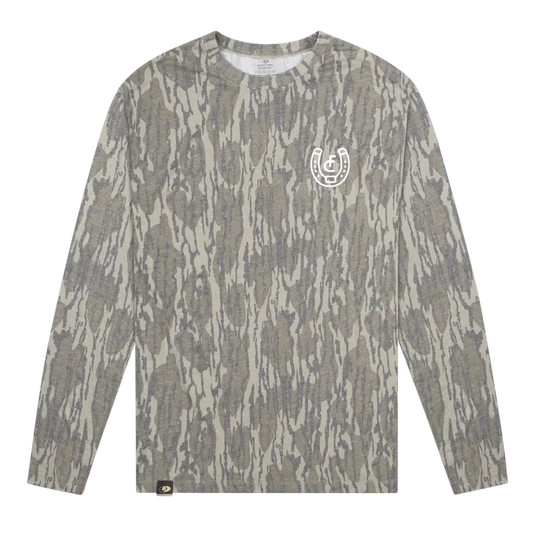 A long-sleeved crewneck sweatshirt in a muted camouflage pattern with a white horseshoe logo on the chest.