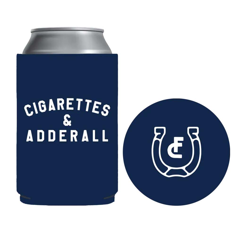 Navy blue can cooler with white text reading ’cigarettes & adderall’ and a white indianapolis colts horseshoe logo on the side