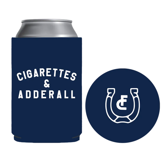 Navy blue can cooler with white text reading ’cigarettes & adderall’ and a white indianapolis colts horseshoe logo on the side