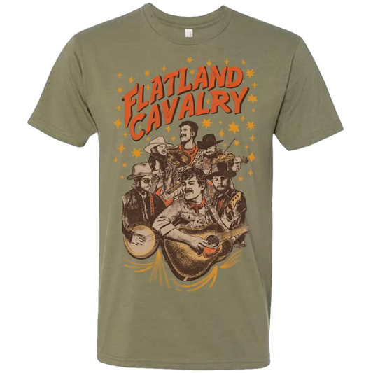 Olive green t-shirt with a colorful western-themed band design featuring cowboys and musical instruments.