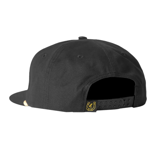 Black snapback cap with a flat brim and adjustable back closure.