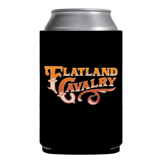 Black retro koozie featuring orange and red flatland cavalry logo ideal for keeping drinks cold