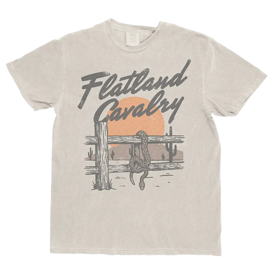 Beige cotton t-shirt featuring a vintage-style graphic of a snake coiled around a fence with cacti and an orange sun, printed in gray ink.